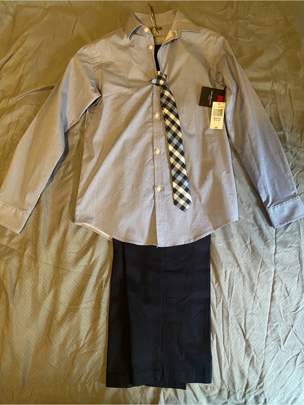 Van Heusen Light Blue Dress Shirt with Navy Pants and Plaid Tie